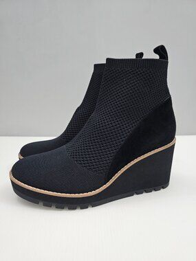 Eileen Fisher Quill Wedge Ankle Boot Womens 8.5 Black Knit Suede Platform NEW